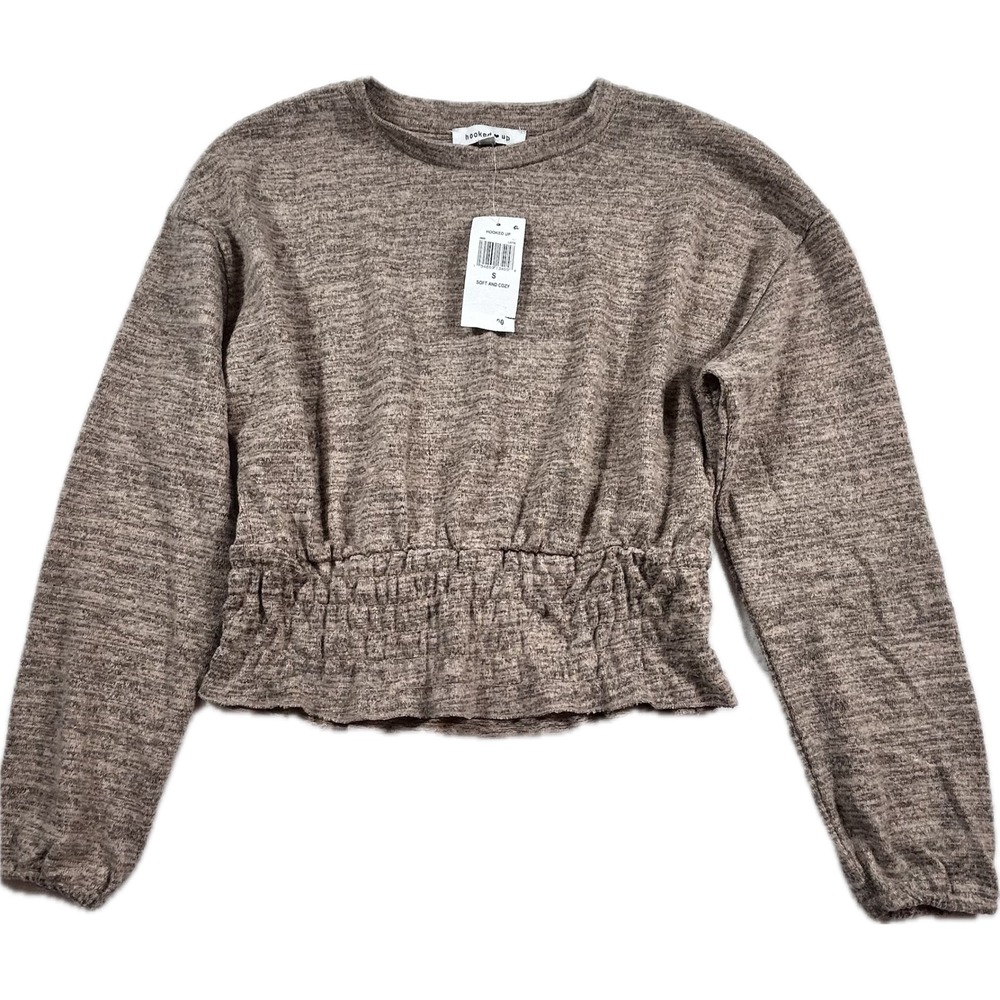 Hooked Up Womens Smocked Waist Long Sleeve Top Heathered Brown Marl J8695 Small